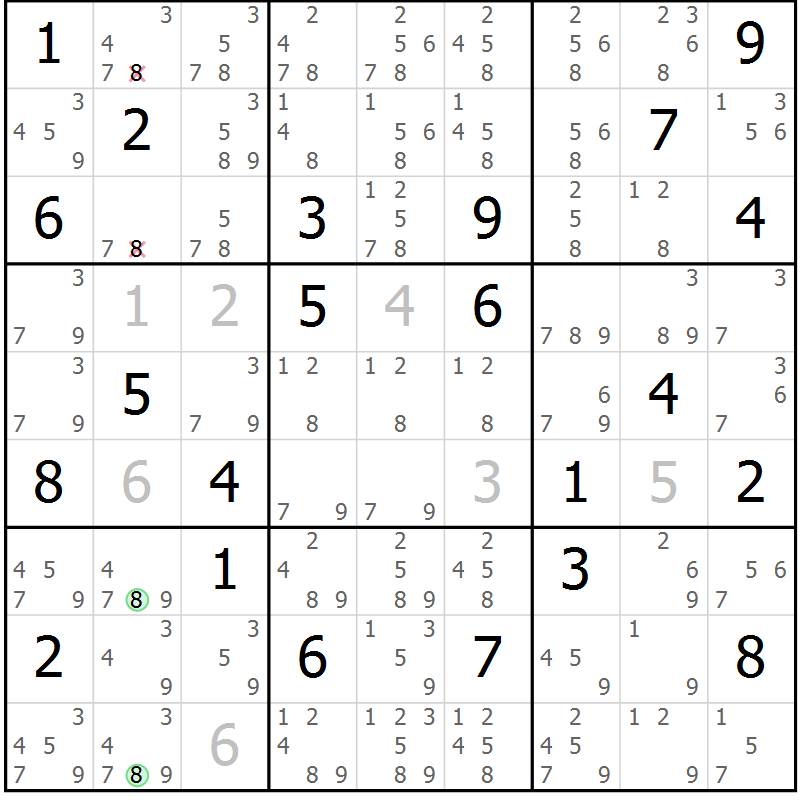 Position des candidats pour la solution de la Gr 5 page 8 du magazine de sudoku Platina n° 038