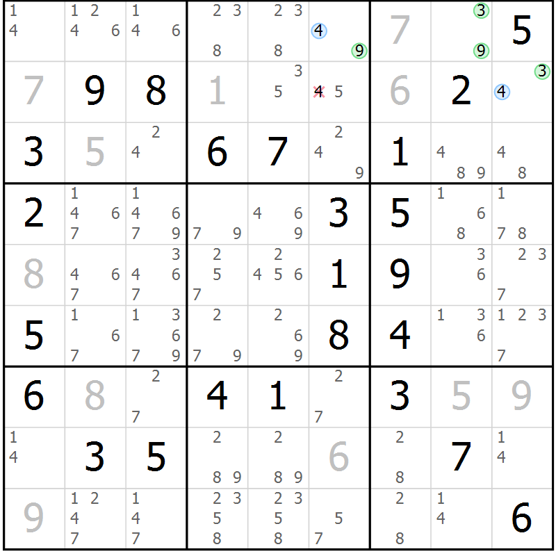 Position des candidats pour la solution de la Gr 50 page 53 du magazine de sudoku Platina n° 038