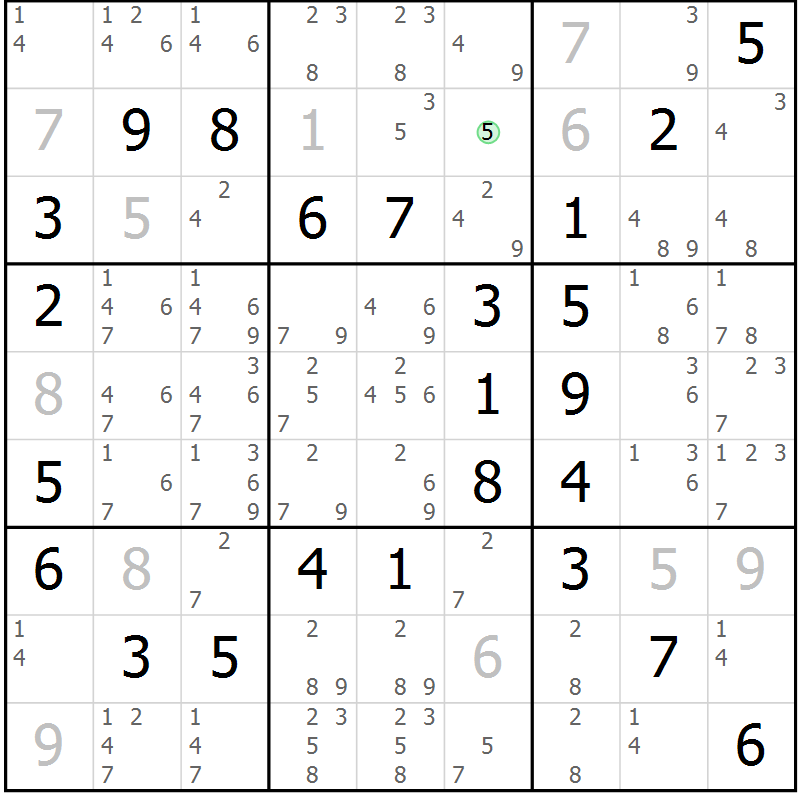 Position des candidats pour la solution de la Gr 50 page 53 du magazine de sudoku Platina n° 038