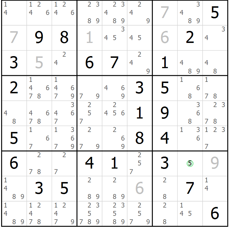 Position des candidats pour la solution de la Gr 50 page 53 du magazine de sudoku Platina n° 038