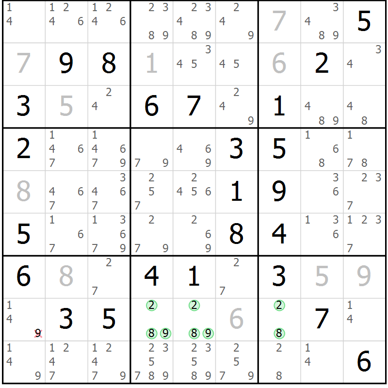 Position des candidats pour la solution de la Gr 50 page 53 du magazine de sudoku Platina n° 038