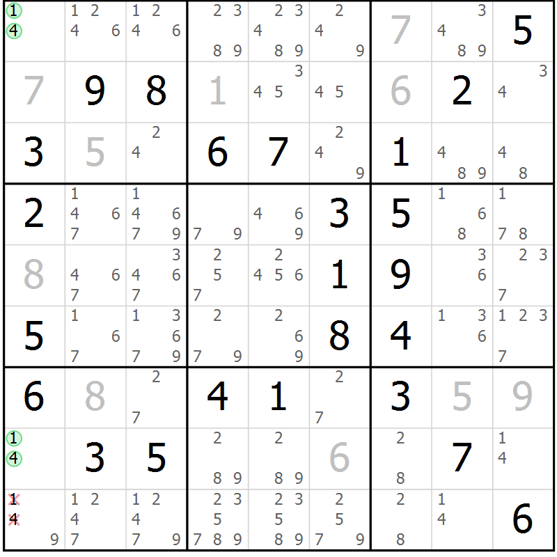 Position des candidats pour la solution de la Gr 50 page 53 du magazine de sudoku Platina n° 038