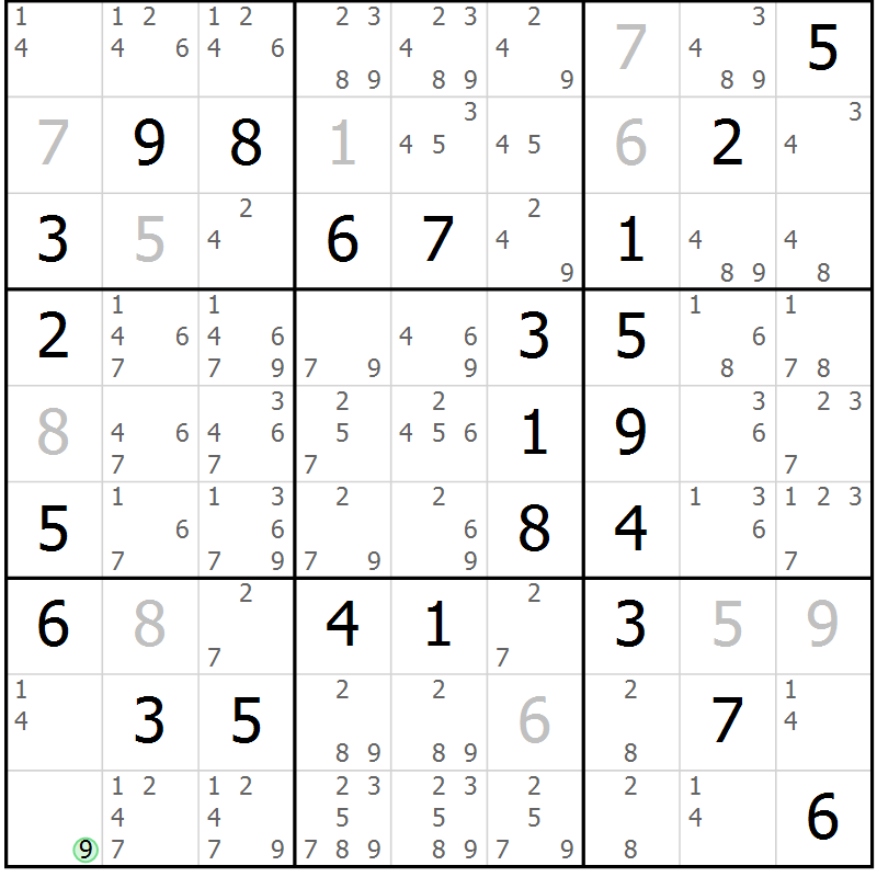 Position des candidats pour la solution de la Gr 50 page 53 du magazine de sudoku Platina n° 038