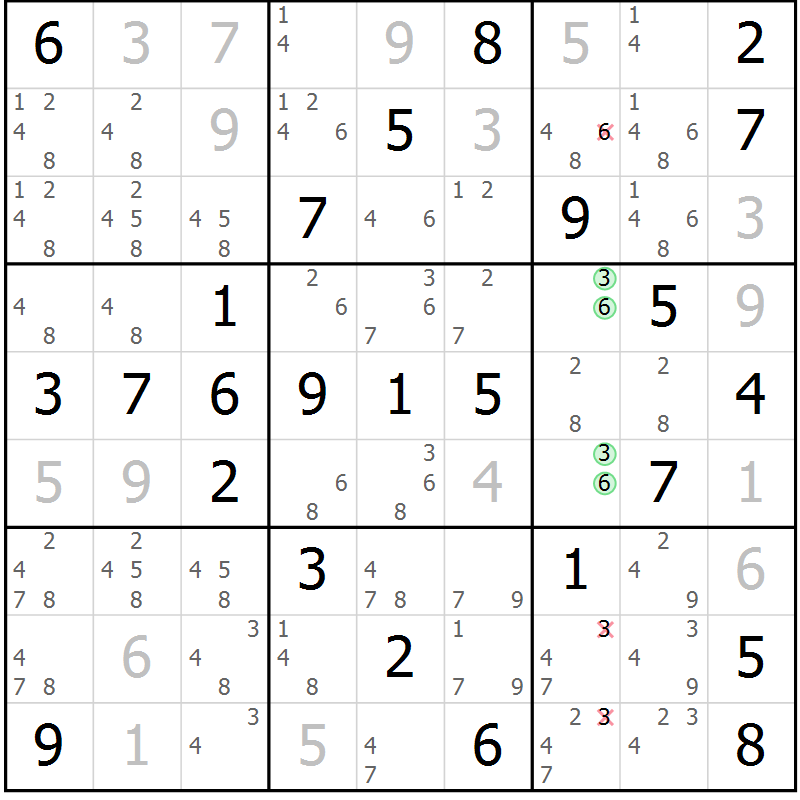Position des candidats pour la solution de la Gr 51 page 54 du magazine de sudoku Platina n° 038