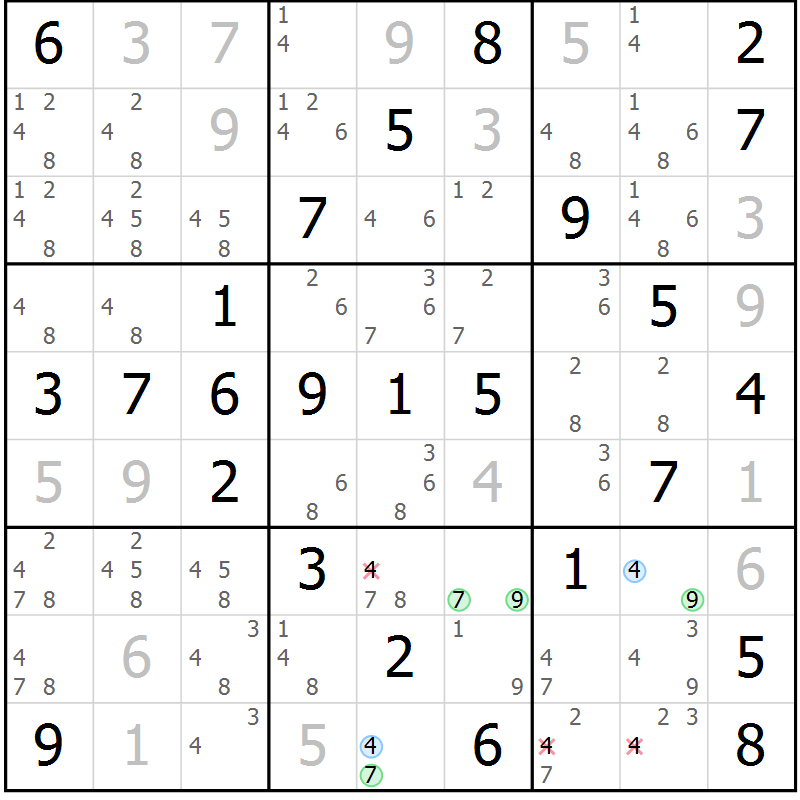 Position des candidats pour la solution de la Gr 51 page 54 du magazine de sudoku Platina n° 038