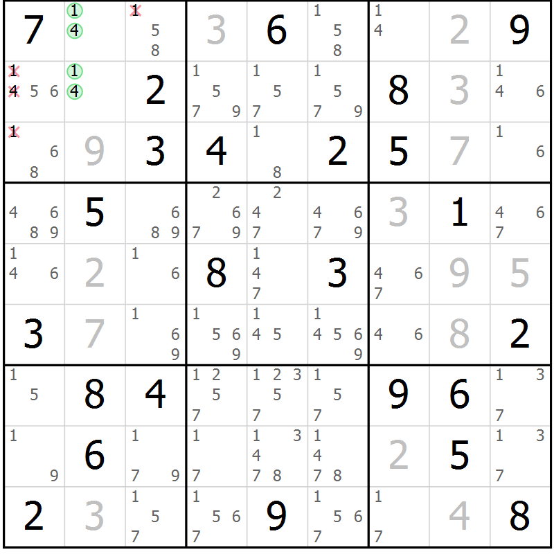 Position des candidats pour la solution de la Gr 52 page 55 du magazine de sudoku Platina n° 038
