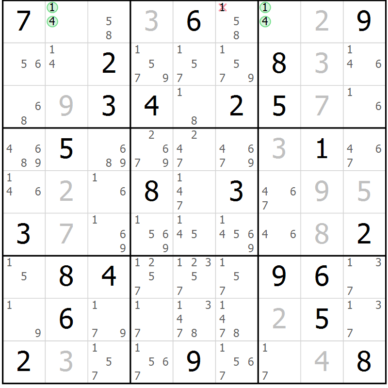 Position des candidats pour la solution de la Gr 52 page 55 du magazine de sudoku Platina n° 038