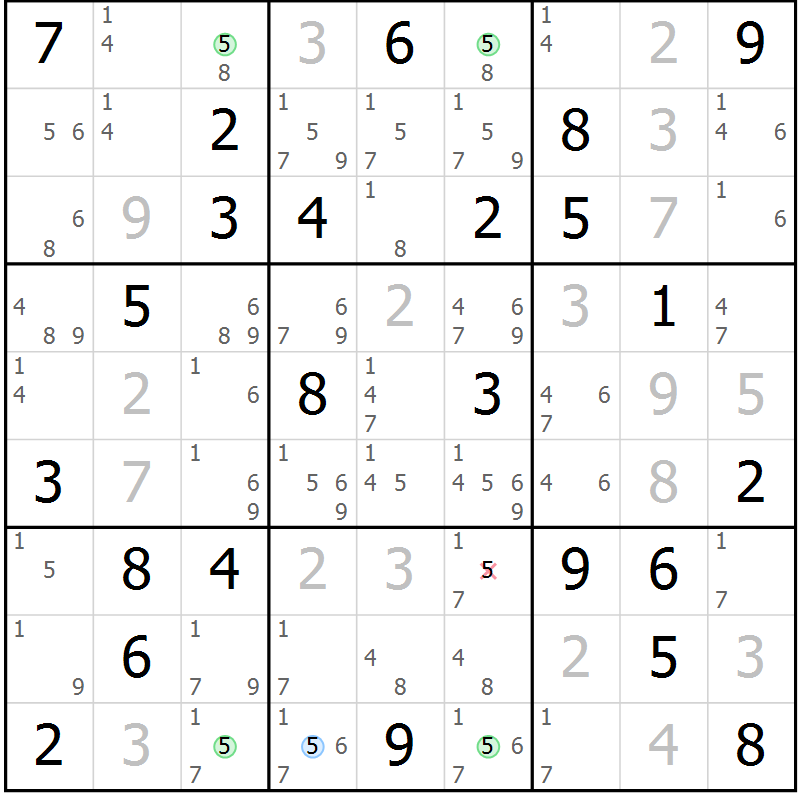 Position des candidats pour la solution de la Gr 52 page 55 du magazine de sudoku Platina n° 038