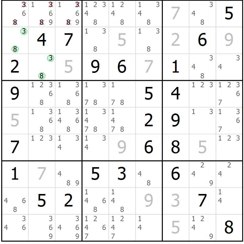 Position des candidats pour la solution de la Gr 54 page 57 du magazine de sudoku Platina n° 038