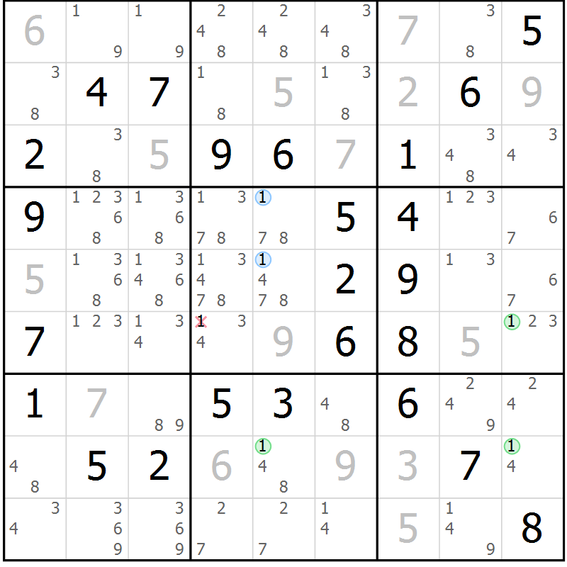 Position des candidats pour la solution de la Gr 54 page 57 du magazine de sudoku Platina n° 038
