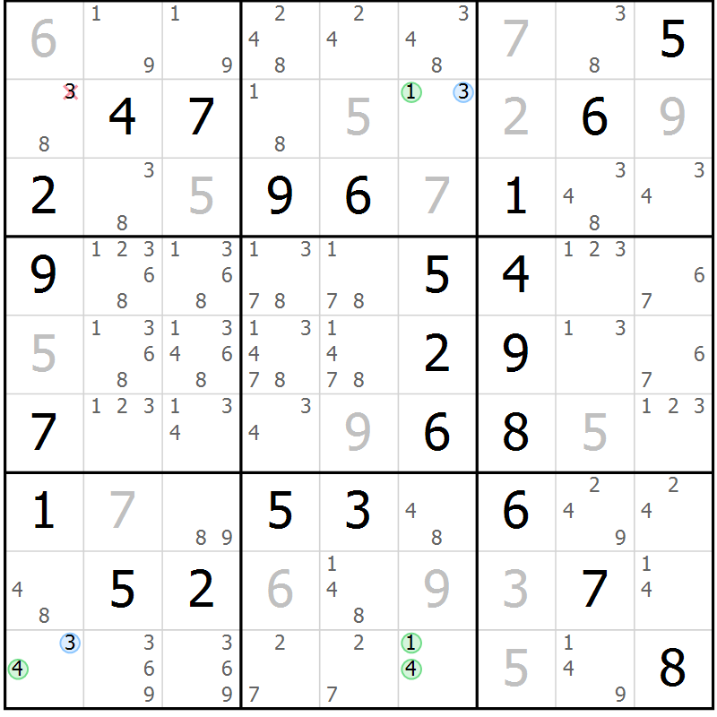 Position des candidats pour la solution de la Gr 54 page 57 du magazine de sudoku Platina n° 038