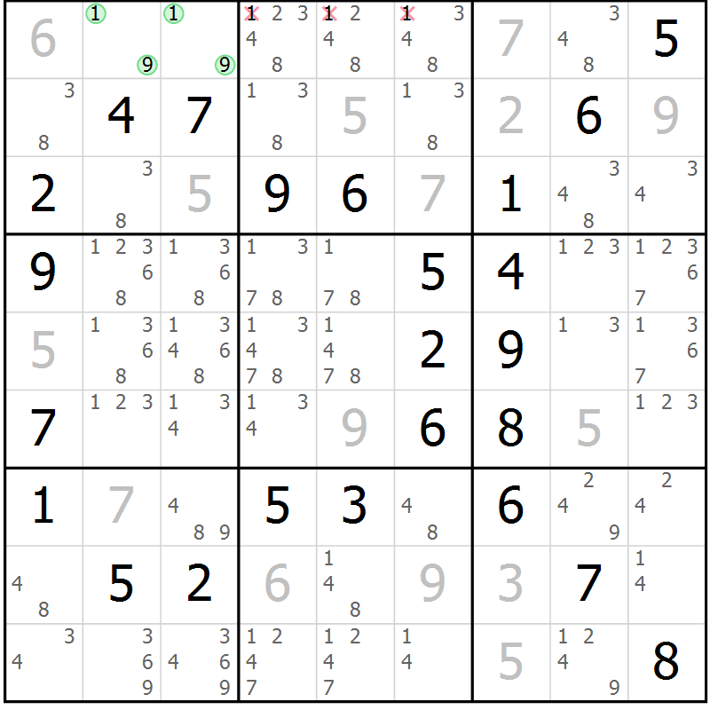 Position des candidats pour la solution de la Gr 54 page 57 du magazine de sudoku Platina n° 038