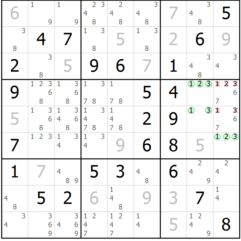 Position des candidats pour la solution de la Gr 54 page 57 du magazine de sudoku Platina n° 038