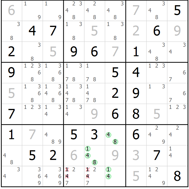 Position des candidats pour la solution de la Gr 54 page 57 du magazine de sudoku Platina n° 038