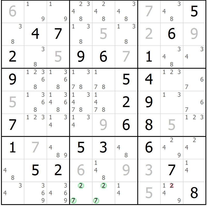 Position des candidats pour la solution de la Gr 54 page 57 du magazine de sudoku Platina n° 038