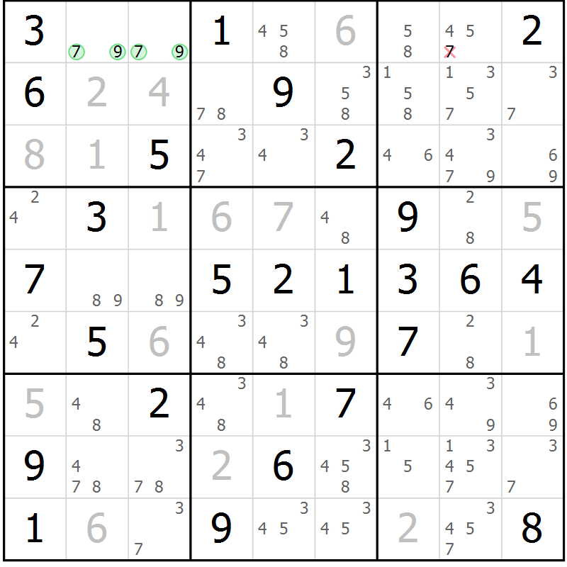 Position des candidats pour la solution de la Gr 55 page 58 du magazine de sudoku Platina n° 038