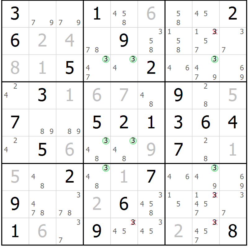 Position des candidats pour la solution de la Gr 55 page 58 du magazine de sudoku Platina n° 038
