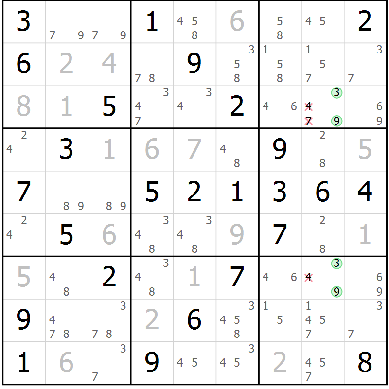 Position des candidats pour la solution de la Gr 55 page 58 du magazine de sudoku Platina n° 038