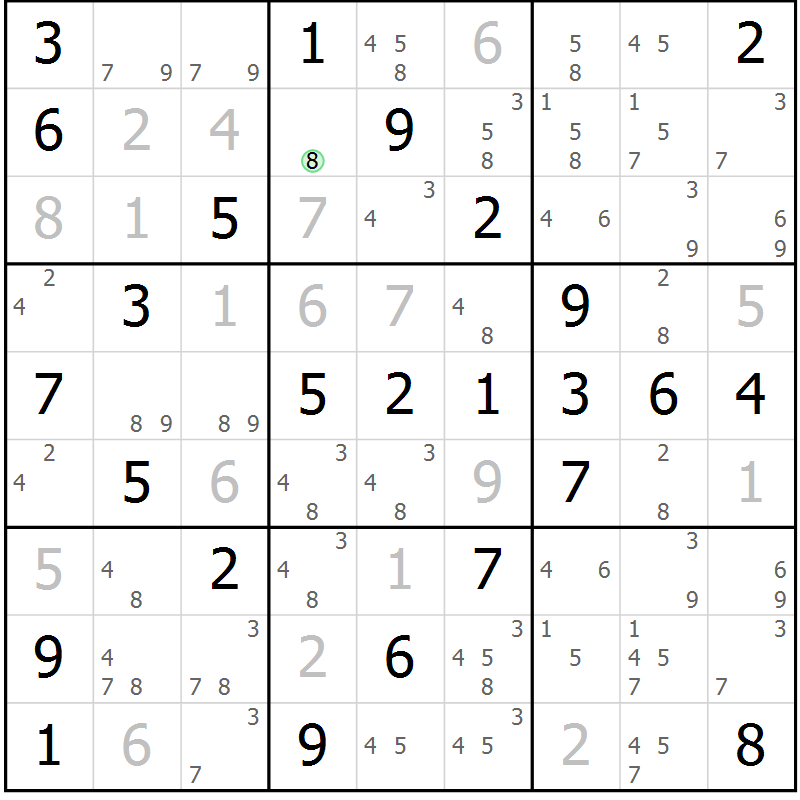 Position des candidats pour la solution de la Gr 55 page 58 du magazine de sudoku Platina n° 038