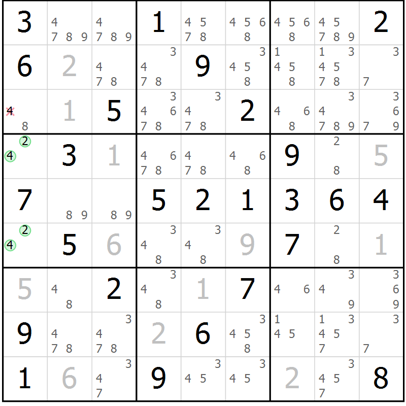 Position des candidats pour la solution de la Gr 55 page 58 du magazine de sudoku Platina n° 038