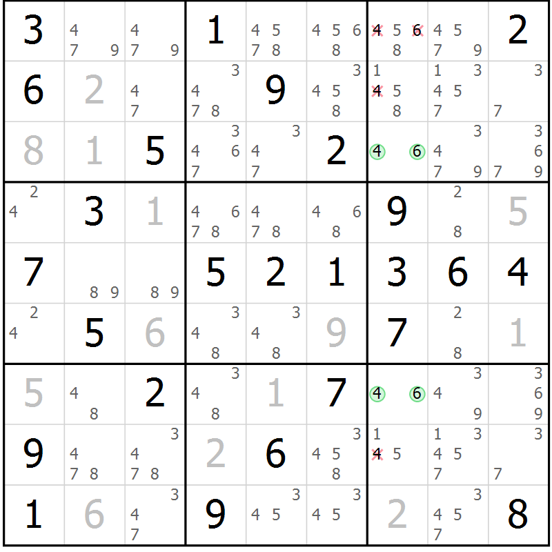 Position des candidats pour la solution de la Gr 55 page 58 du magazine de sudoku Platina n° 038