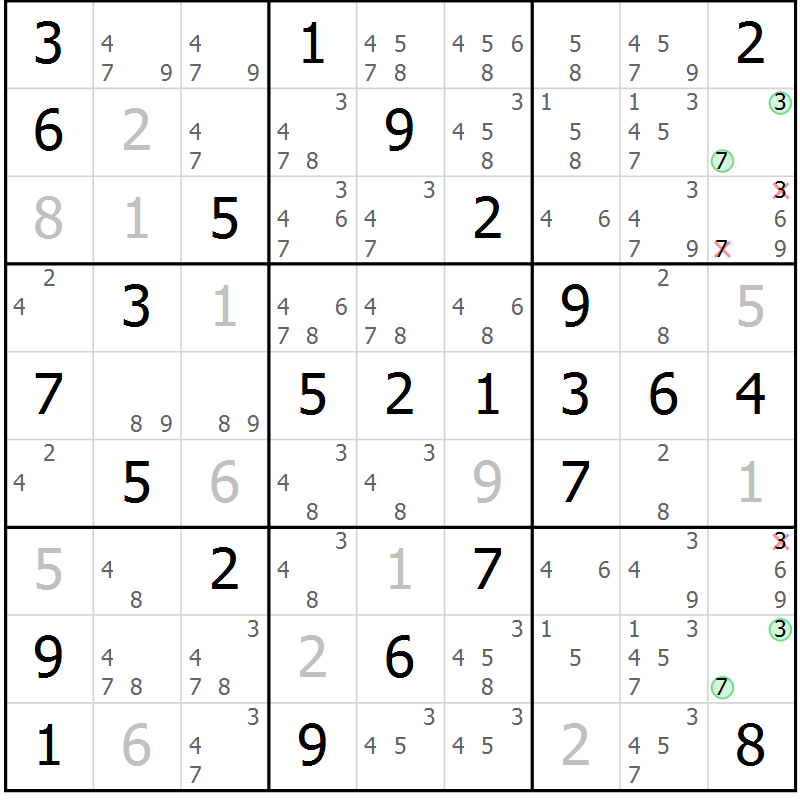 Position des candidats pour la solution de la Gr 55 page 58 du magazine de sudoku Platina n° 038