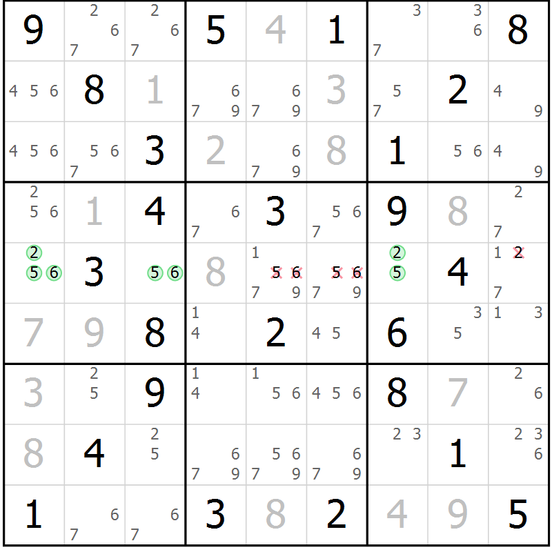 Position des candidats pour la solution de la Gr 56 page 59 du magazine de sudoku Platina n° 038