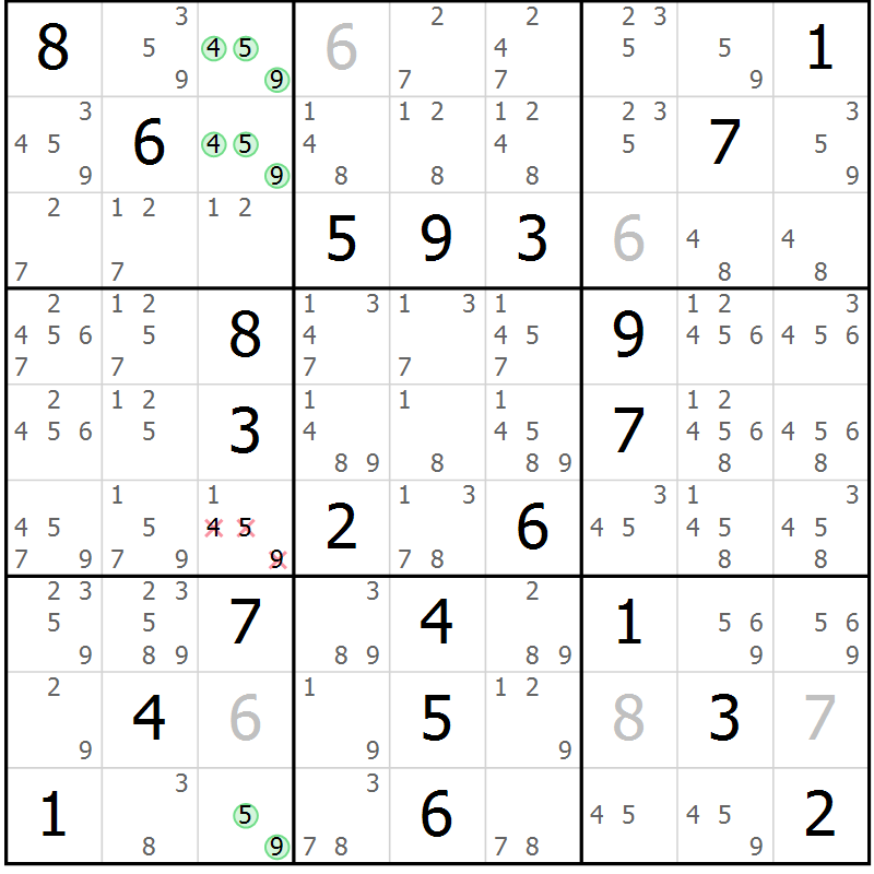 Position des candidats pour la solution de la Gr 57 page 60 du magazine de sudoku Platina n° 038