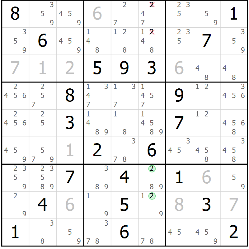 Position des candidats pour la solution de la Gr 57 page 60 du magazine de sudoku Platina n° 038
