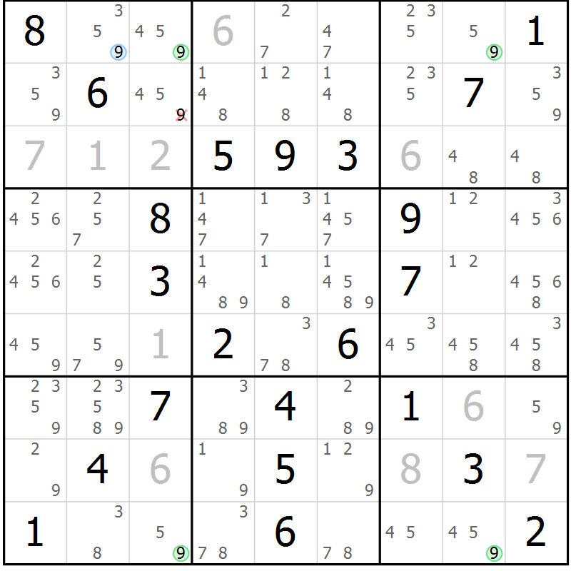 Position des candidats pour la solution de la Gr 57 page 60 du magazine de sudoku Platina n° 038