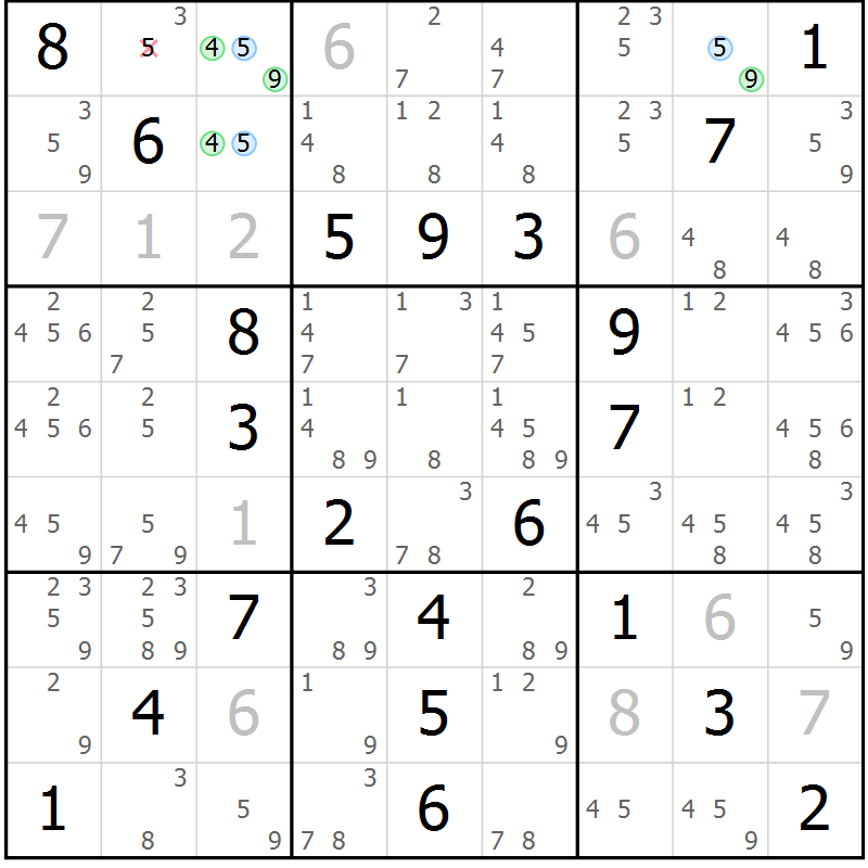 Position des candidats pour la solution de la Gr 57 page 60 du magazine de sudoku Platina n° 038