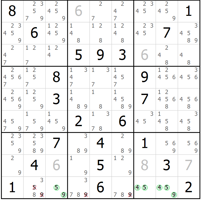 Position des candidats pour la solution de la Gr 57 page 60 du magazine de sudoku Platina n° 038