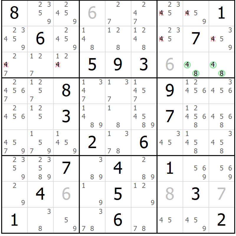 Position des candidats pour la solution de la Gr 57 page 60 du magazine de sudoku Platina n° 038