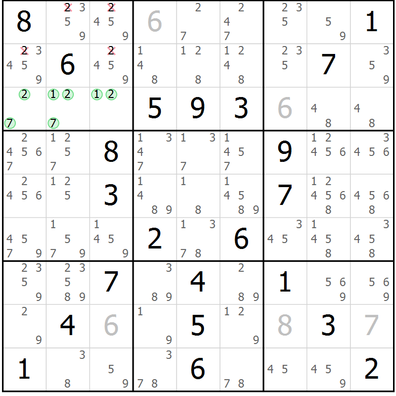 Position des candidats pour la solution de la Gr 57 page 60 du magazine de sudoku Platina n° 038