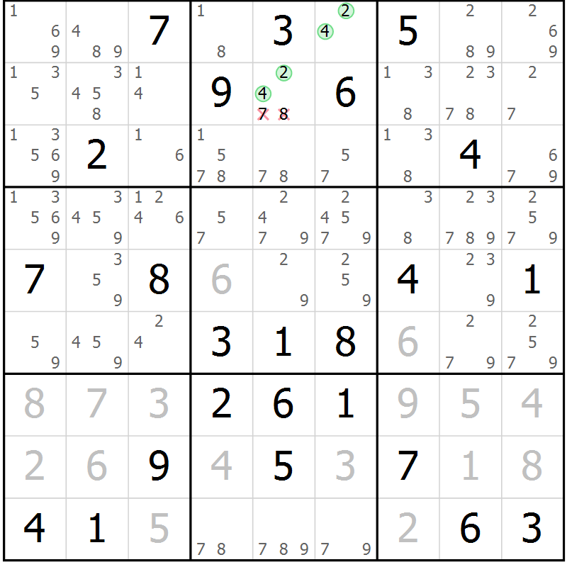 Position des candidats pour la solution de la Gr 58 page 61 du magazine de sudoku Platina n° 038