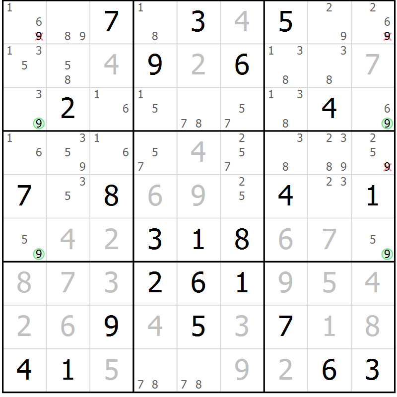 Position des candidats pour la solution de la Gr 58 page 61 du magazine de sudoku Platina n° 038