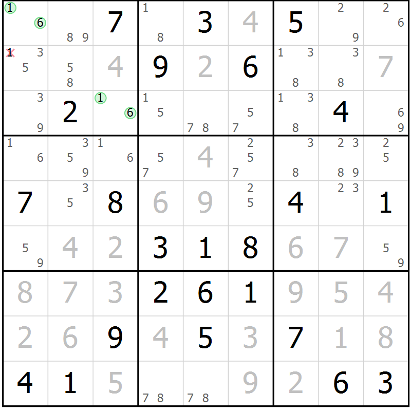 Position des candidats pour la solution de la Gr 58 page 61 du magazine de sudoku Platina n° 038