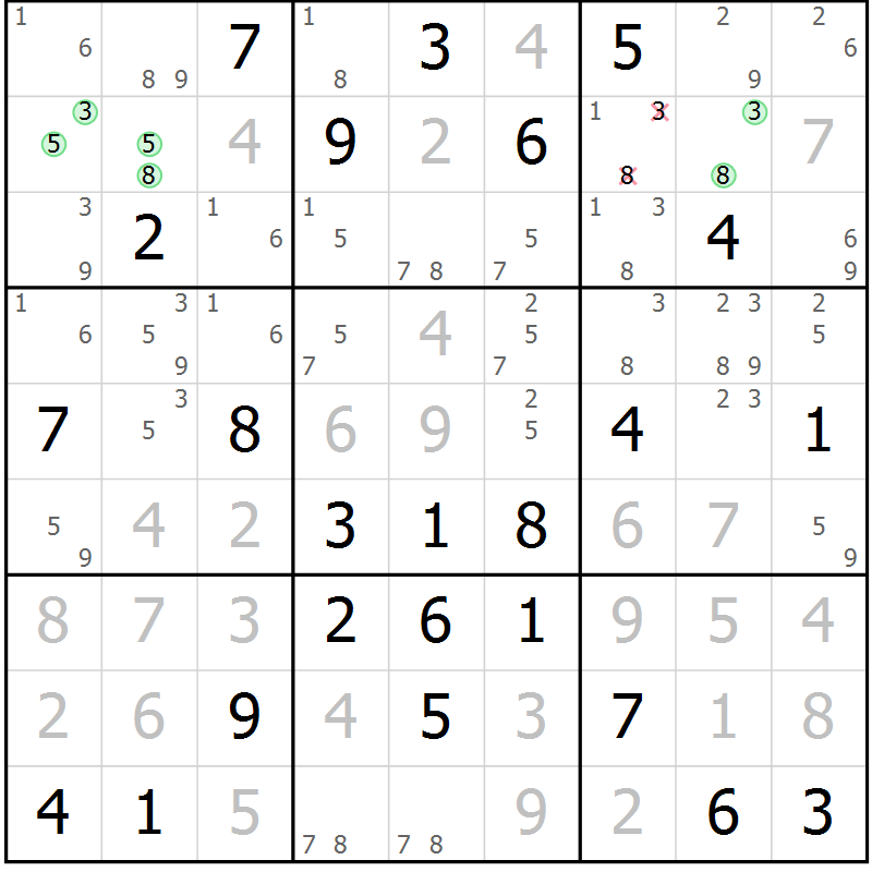 Position des candidats pour la solution de la Gr 58 page 61 du magazine de sudoku Platina n° 038