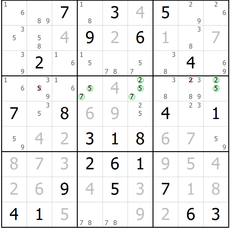 Position des candidats pour la solution de la Gr 58 page 61 du magazine de sudoku Platina n° 038
