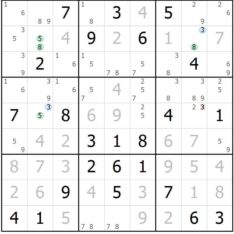 Position des candidats pour la solution de la Gr 58 page 61 du magazine de sudoku Platina n° 038