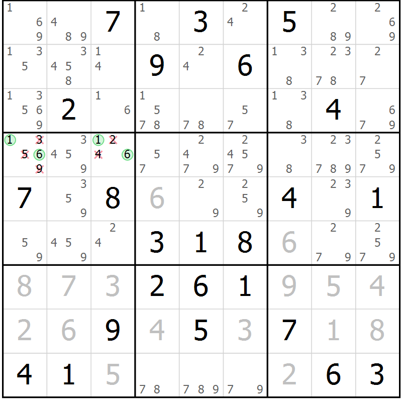 Position des candidats pour la solution de la Gr 58 page 61 du magazine de sudoku Platina n° 038