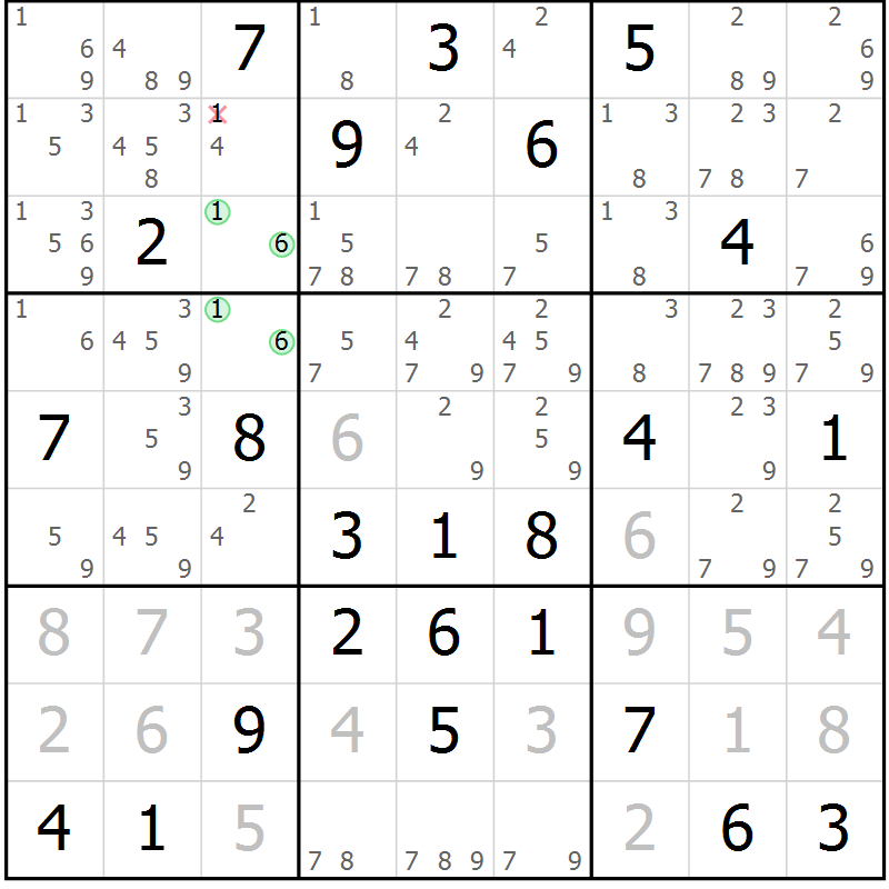 Position des candidats pour la solution de la Gr 58 page 61 du magazine de sudoku Platina n° 038