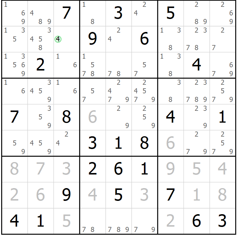 Position des candidats pour la solution de la Gr 58 page 61 du magazine de sudoku Platina n° 038