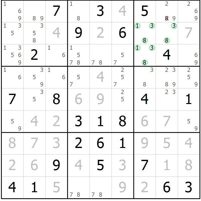 Position des candidats pour la solution de la Gr 58 page 61 du magazine de sudoku Platina n° 038
