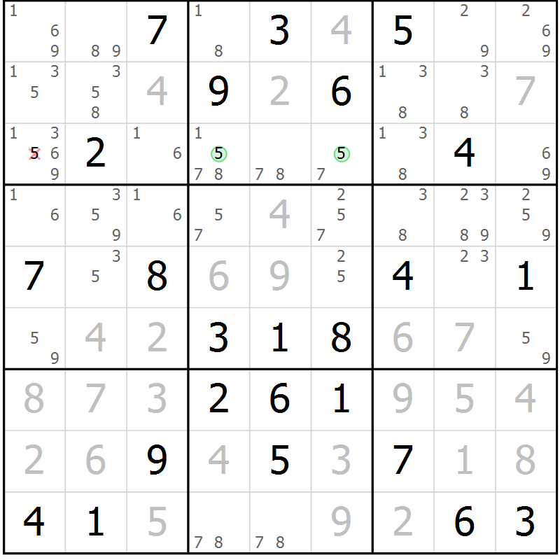 Position des candidats pour la solution de la Gr 58 page 61 du magazine de sudoku Platina n° 038