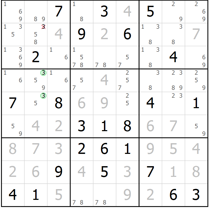 Position des candidats pour la solution de la Gr 58 page 61 du magazine de sudoku Platina n° 038