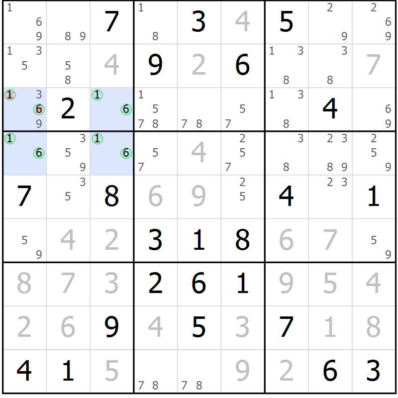 Position des candidats pour la solution de la Gr 58 page 61 du magazine de sudoku Platina n° 038