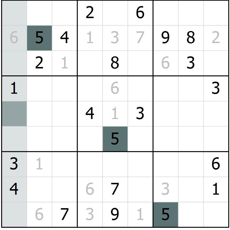 Position des candidats pour la solution de la Gr 6 page 9 du magazine de sudoku Platina n° 038