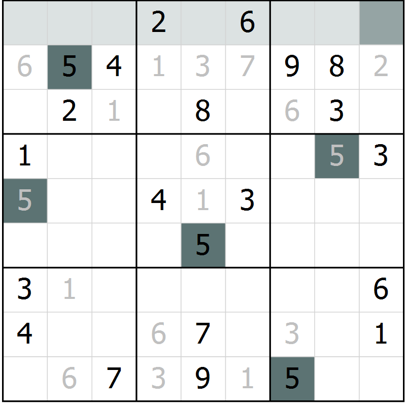 Position des candidats pour la solution de la Gr 6 page 9 du magazine de sudoku Platina n° 038