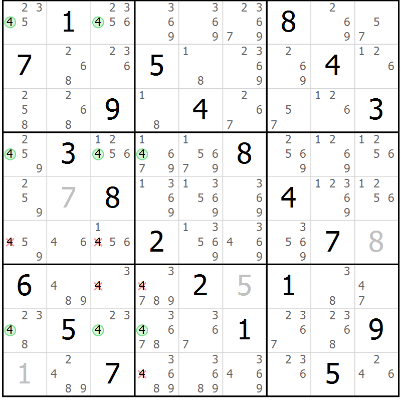 Position des candidats pour la solution de la Gr 60 page 63 du magazine de sudoku Platina n° 038